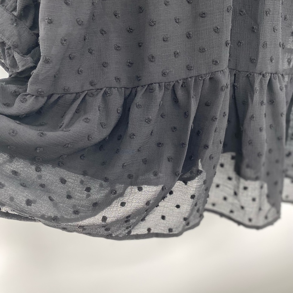 Aqua NWT Ruffle Clip Dot Mini Dress Pussy Bow Bishop Sleeves V Neck Black New - Picture 6 of 13